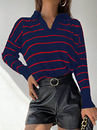 Reka Moda Kadın Uzun Kollu V Yaka çizgili Triko Bluz