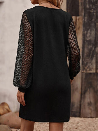 Reka Moda Kadın Uzun Kollu Dantelli V Yakalı Kısa Ithal Krep Elbise