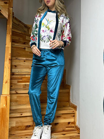 Reka Moda Kadın Kadife Kumaş Uzun Kollu Kapüşon Detay çiçek Baskılı Sweat Ve Pantolon Ikili Takım