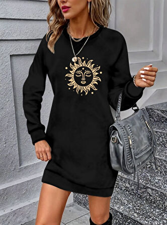 Reka Moda Kadın Uzun Kollu Bisiklet Yaka Güneş Desenli Viskon Iki Iplik Elbise