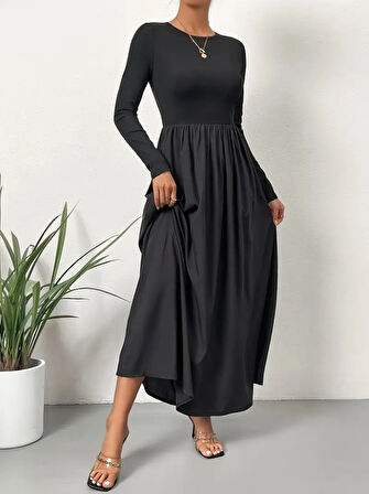 Reka Moda Kadın Uzun Kollu Bisiklet Yaka Uzun üst Viskon Alt Trikoton Elbise