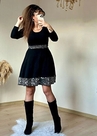 Reka Moda Kadın Bisiklet Yaka Beli Ve Eteği Pul Payet Detay Fırsat ürün Diz üstü Elbise