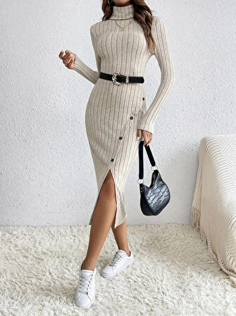 Reka Moda Kadın Uzun Kollu Balıkçı Yaka Yırtmaçlı Düğmeli şardonlu Kaşkorse Elbise(kemersiz)