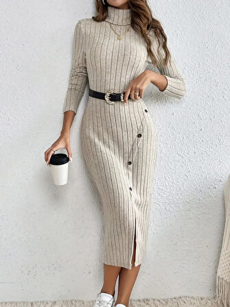 Reka Moda Kadın Uzun Kollu Balıkçı Yaka Yırtmaçlı Düğmeli şardonlu Kaşkorse Elbise(kemersiz)