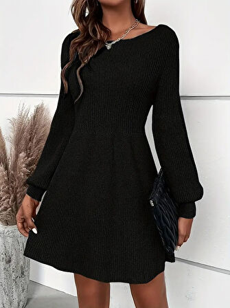 Reka Moda Kadın Uzun Kollu Kayık Yaka Kısa Triko Elbise