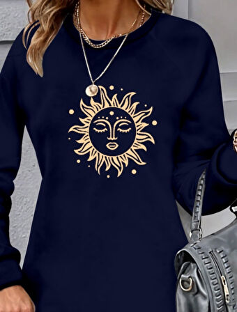 Reka Moda Kadın Uzun Kollu Bisiklet Yaka Güneş Desenli Viskon Iki Iplik Elbise