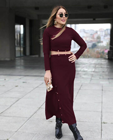 Reka Moda Kadın Uzun Kollu çıtçıtlı Viskon Krop Bluz Ve Yırtmaçlı Etek Istenildiğinde Elbise Olan Ikili Takım