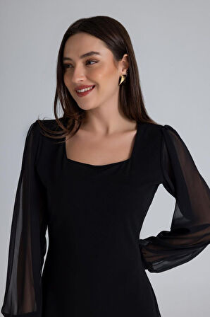 Reka Moda Kadın Kare Yaka Kolları Tül Sandy Kumaş Fırsat ürün Mini Siyah Elbise