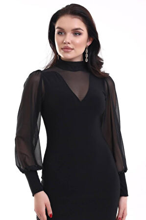 Reka Moda Kadın Balıkçı Yaka Transparan Detay Fırsat ürün Sandy Kumaş Mini Elbise