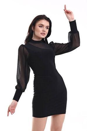 Reka Moda Kadın Balıkçı Yaka Transparan Detay Fırsat ürün Sandy Kumaş Mini Elbise