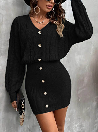 Reka Moda Kadın Uzun Kollu V Yakalı önden Düğmeli Kısa Triko Elbise