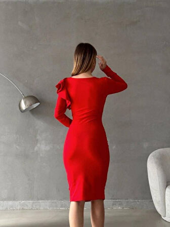 Reka Moda Kadın Kruvaze Yaka Volan Detay Midi Boy Fırsat ürün Elbise