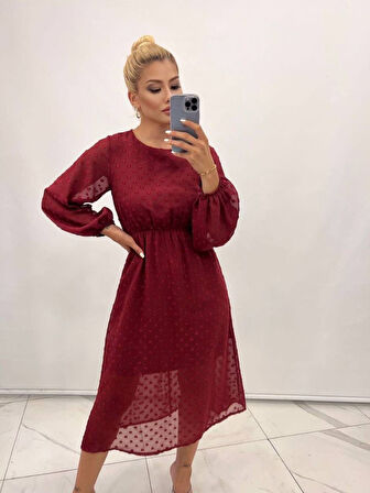 Reka Moda Kadın Uzun Kollu Astar Detay Fırsat ürün Ponpon şifon Elbise