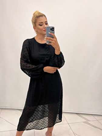 Reka Moda Kadın Uzun Kollu Astar Detay Fırsat ürün Ponpon şifon Elbise