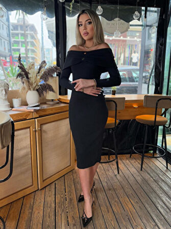 Reka Moda Kadın Madonna Yaka Düğme Detay Fırsat ürün Midi Boy Elbise