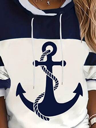 Reka Moda Kadın Uzun Kollu Kapşonlu çıpa Desenli şardonlu Dalgıç Bluz