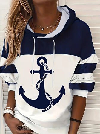 Reka Moda Kadın Uzun Kollu Kapşonlu çıpa Desenli şardonlu Dalgıç Bluz