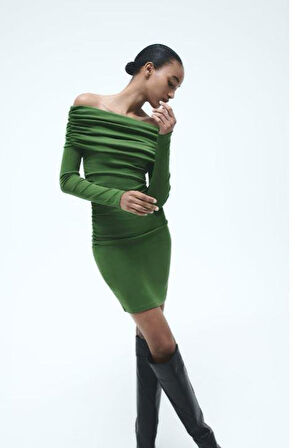 Reka Moda Kadın Madonna Mendil Yaka Fırsat ürün Büzgülü Mini Elbise