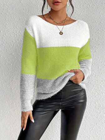 Reka Moda Kadın Uzun Kollu Kayık Yaka çok Renkli Triko Bluz