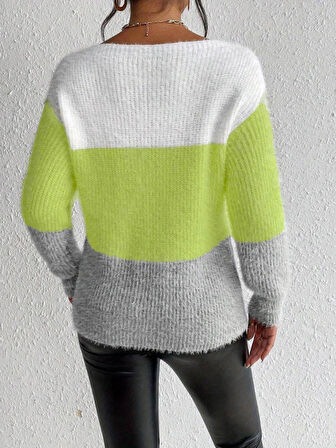 Reka Moda Kadın Uzun Kollu Kayık Yaka çok Renkli Triko Bluz