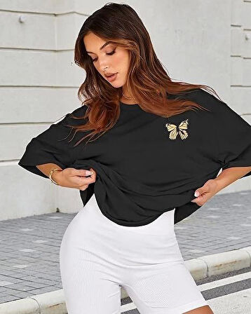 Reka Moda Bisiklet Yaka Baskılı T-shirt - Siyah
