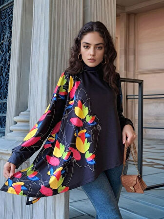 Reka Moda Kadın Uzun Kollu Balıkçı Yaka Asimetrik Kesim Dalgıç Kumaş Bluz