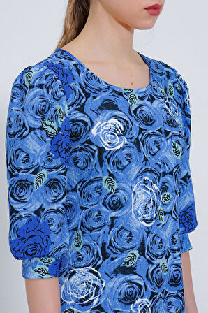 Reka Moda Saks Gül Desenli Midi Elbise 2477