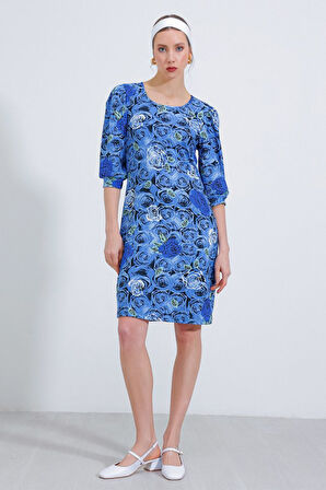Reka Moda Saks Gül Desenli Midi Elbise 2477