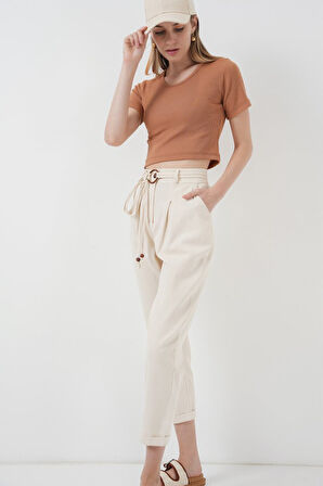 Reka Moda 6660 Kemerli Keten Pantolon - Krem