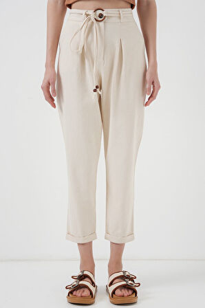 Reka Moda 6660 Kemerli Keten Pantolon - Krem