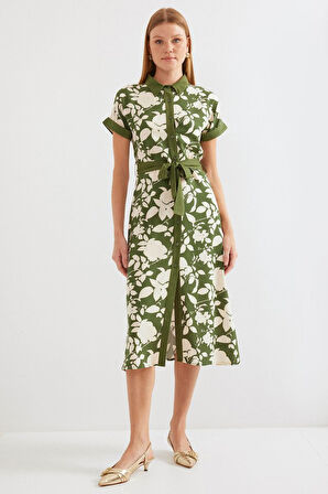 Reka Moda 2455 Desenli Gömlek Elbise - Haki