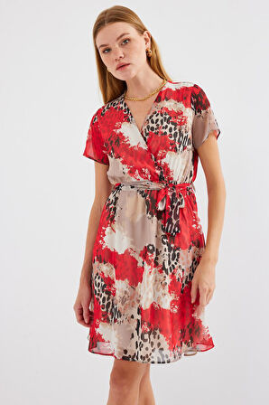 Reka Moda 2502 Kısa Kol Desenli Şifon Elbise - Kırmızı