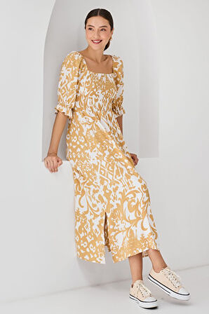 Reka Moda 2512 Desenli Yırtmaçlı Elbise - Sarı