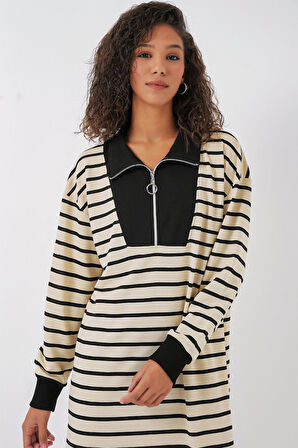 Reka Moda 55453 Fermuar Detaylı Çizgili Uzun Elbise - Siyah