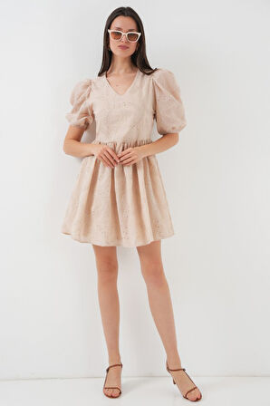 Reka Moda 2529 Fistolu Kısa Elbise - Bej