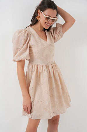 Reka Moda 2529 Fistolu Kısa Elbise - Bej