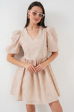 Reka Moda 2529 Fistolu Kısa Elbise - Bej