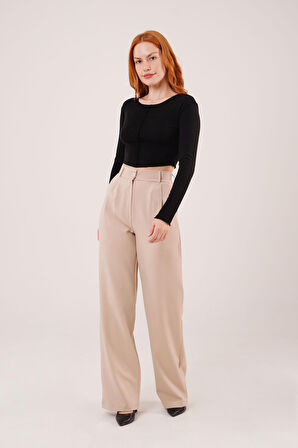 Reka Moda Bol Paça Piliseli Bej Pantolon