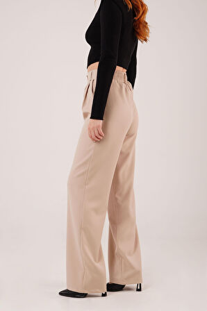 Reka Moda Bol Paça Piliseli Bej Pantolon