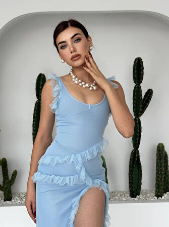 Reka Moda Felix Yırtmaçlı Midi Tül Elbise