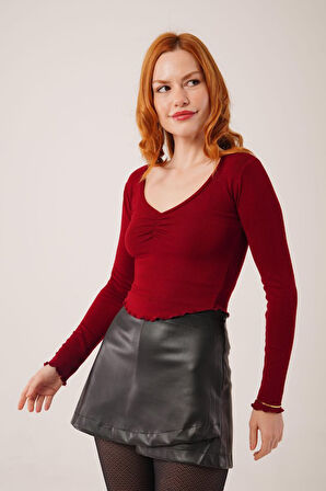 Reka Moda Geniş Yaka Bordo Basic Body Bluz
