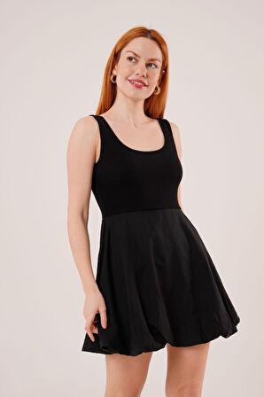 Reka Moda Kalın Askılı Balon Etek Siyah Mini Elbise