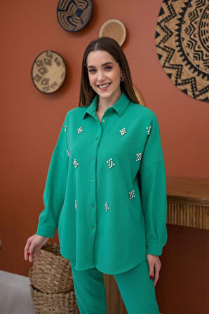 Reka Moda Yeşil Gömleği Taşlı Fitilli Takım