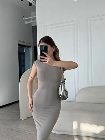 Reka Moda Kolsuz Uzun Likralı Elbise - Gri