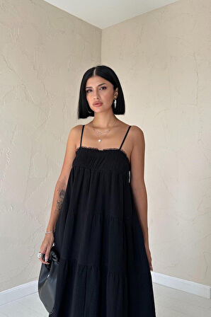 Reka Moda Siyah Askılı Parçalı Müslin Elbise