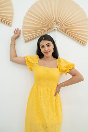 Reka Moda Sarı Tokalı Fisto Elbise
