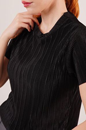 Reka Moda Fitilli Kısa Kollu Parlak Siyah Bluz