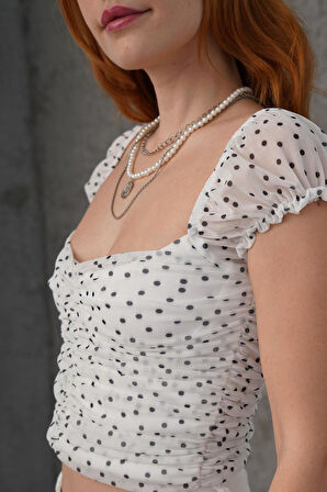 Reka Moda Puantiyeli Belden Oturtmalı Tül Beyaz Bluz