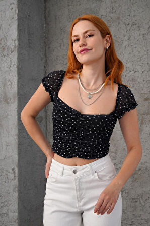 Reka Moda Puantiyeli Belden Oturtmalı Tül Siyah Bluz