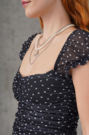 Reka Moda Puantiyeli Belden Oturtmalı Tül Siyah Bluz